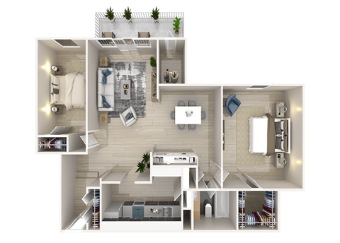 a floor plan of a two bedroom apartment with two bathrooms and a balcony at The Glendale Residence, Lanham, MD